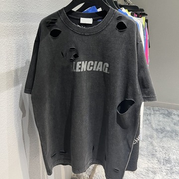 春夏高版本b家艺术破洞套头圆领重工宽松百搭潮牌男女同款t恤短袖