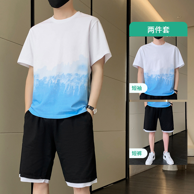 新款棉夏季男士宽松五分袖套装ims套头短袖t恤衫短裤套装两件装