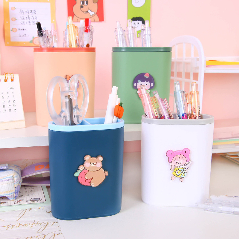 Color Matching Grid Cartoon Pen Holder Student Cute Stationery Finishing Storage Bucket Creative Makeup Brush Storage Box