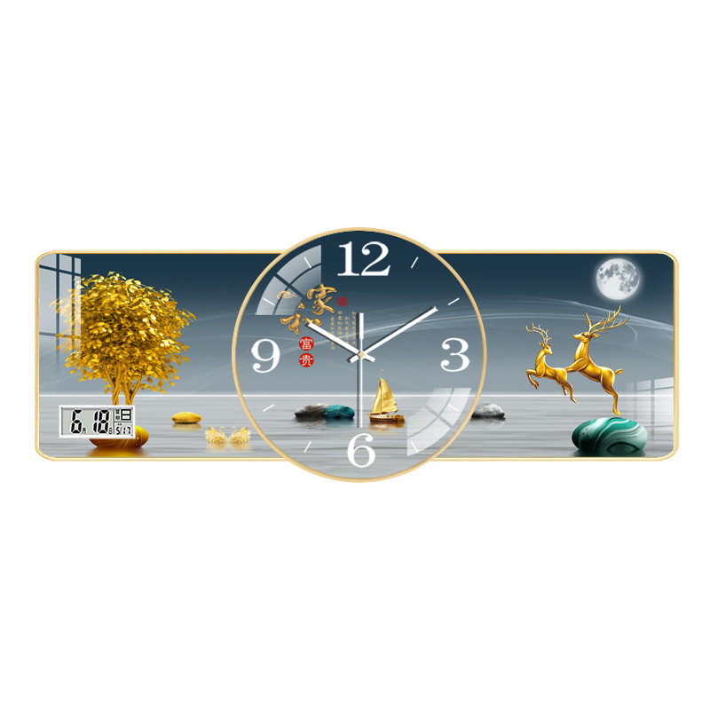 Creative Crystal Porcelain Painting Wall Clock Living Room Hanging Wall Clock Free Punched Tape Calendar Noiseless Clock Restaurant Decoration Painting Pocket Watch