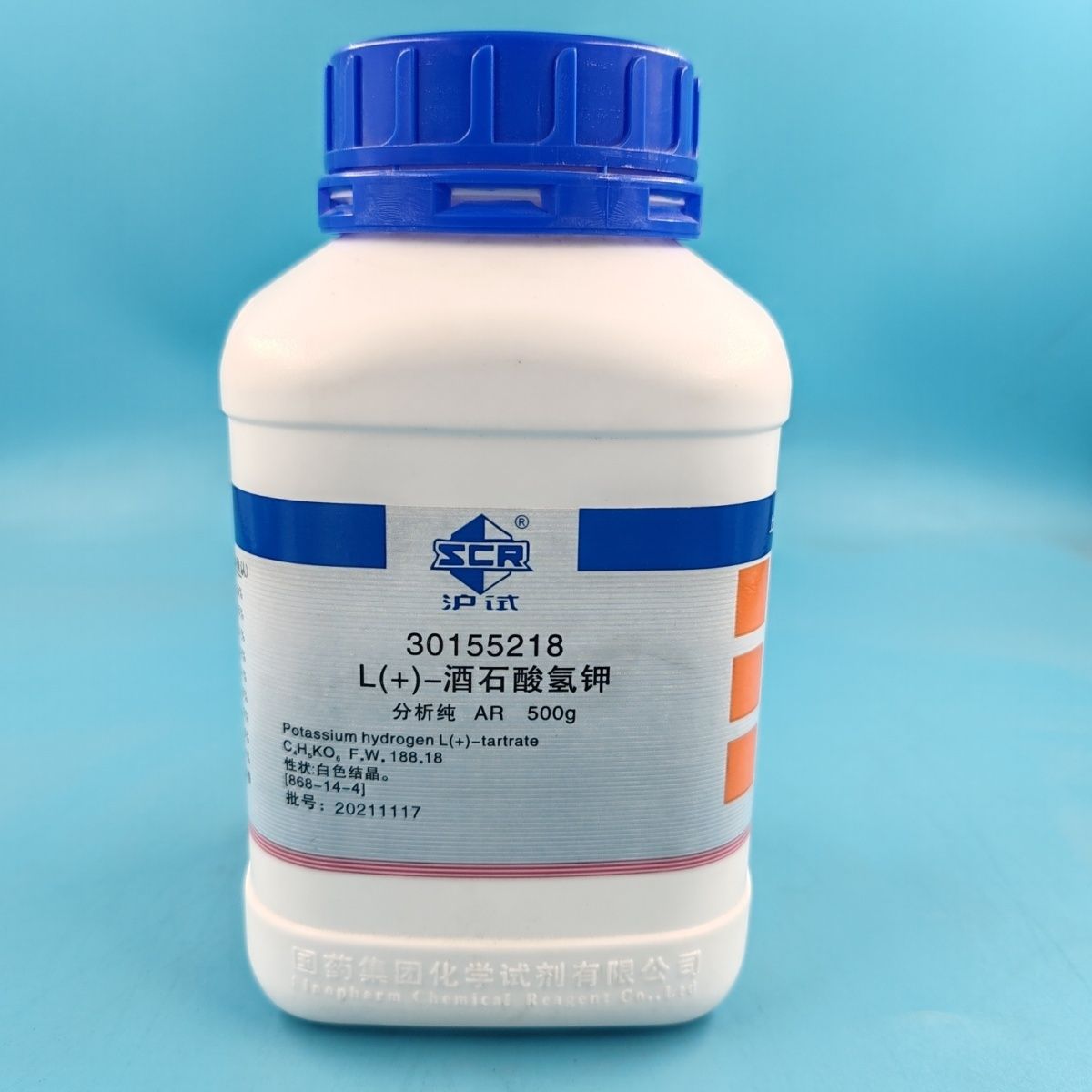 国药沪试 l( )-酒石酸氢钾 重酒石酸钾 酸性酒石酸钾ar分析纯500g
