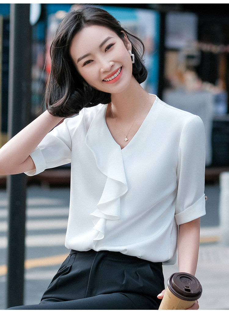 职业衬衫女夏季缎面雪纺上衣女生衬衣荷叶边外穿上班女衫