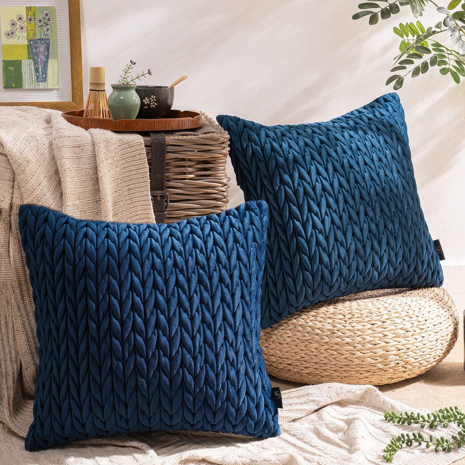 Velvet Pillow Nordic Retro Style Blue Twist Braid Pillow Cover Sofa Cushion Light Luxury Pillow Car Pillow