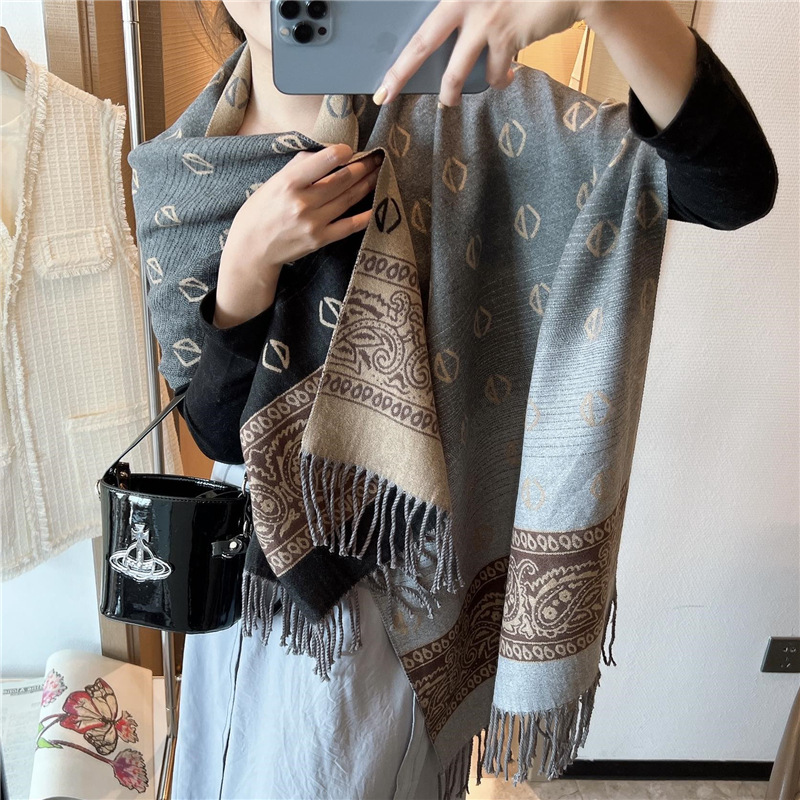 New Retro Ethnic Style Scarf Women's Winter Foreign Trade Versatile Double-Sided Thick Warm Scarf Dual-Purpose Air Conditioning Shawl