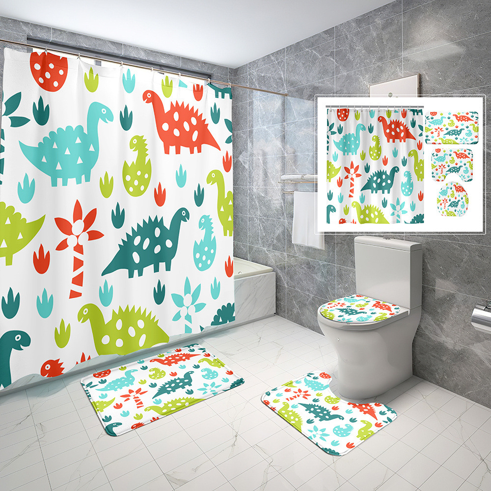 3D Digital Printing Dinosaur Bathroom Set Cartoon Waterproof Polyester Shower Curtain Non-Slip Toilet Mat Three-Piece Set