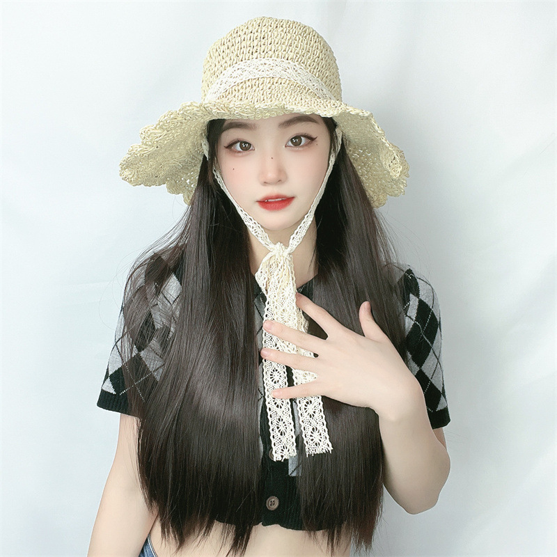 欧烁夏季遮阳帽子假发一体式长直发田园风帽子化纤假发全头套现货