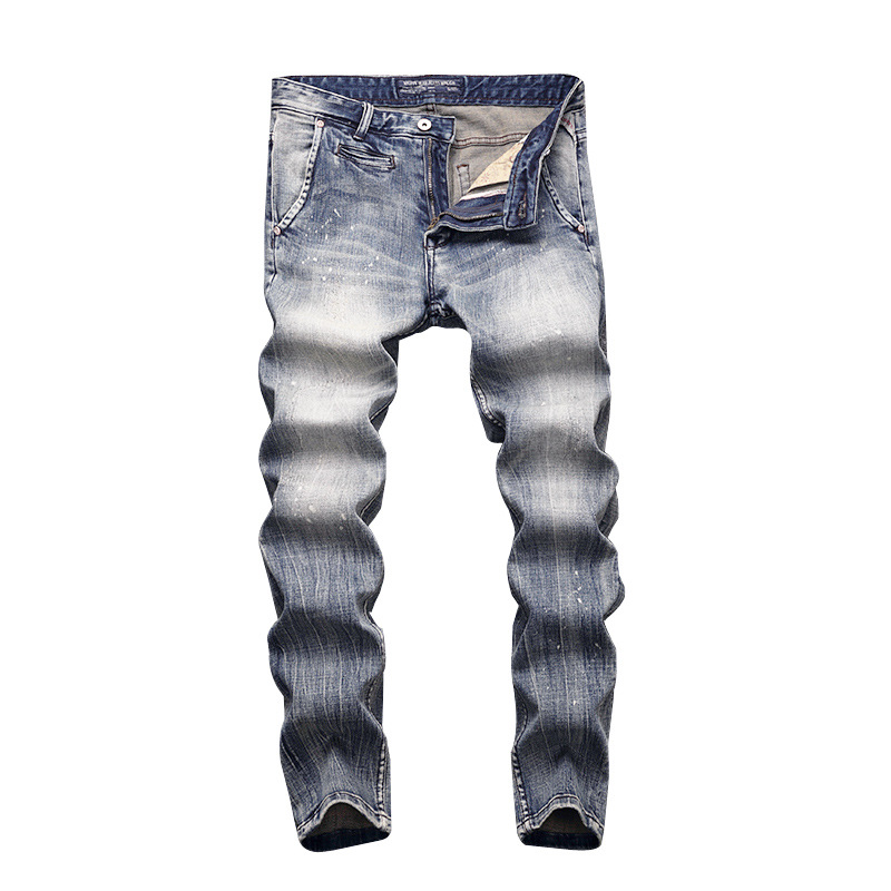 Italian Fashion Retro Men's Jeans Distressed Blue Gray Washed Ankle-Tied Straight Micro Elastic Slim Jeans Men