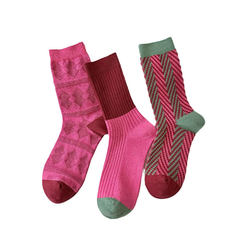 Women's Retro Vertical Stripe Cotton Socks Double Needle Double-Way Breathable Mid-Calf Socks All-Match Dopamine Socks Pink Outer Wear Socks