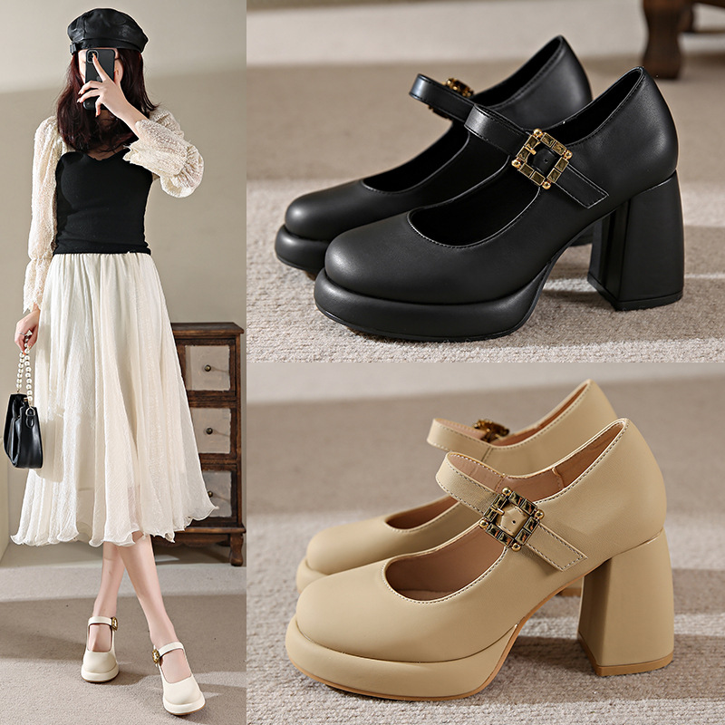 时尚43码高跟单鞋女士新款仙女风大码女士皮面单鞋外贸大码高跟鞋