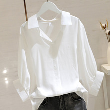 白色V领短袖衬衫女2024夏季新款宽松显瘦设计感套头五分袖衬衣潮