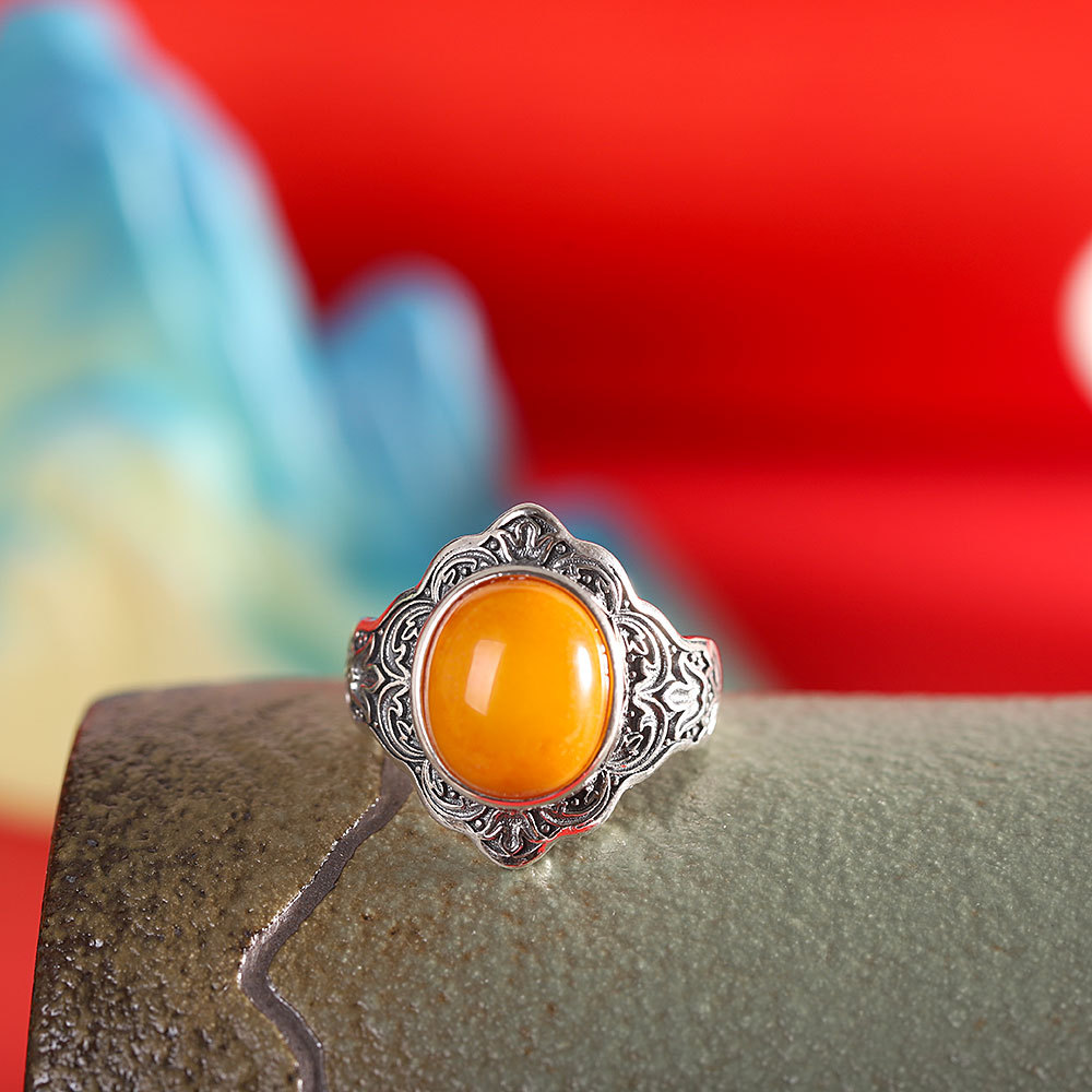 人品银品文艺国潮手饰s925银镶蜜蜡戒指开口女士指环法式复古古风