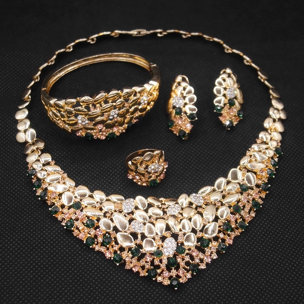 18k黄金项链镶钻耳环手镯戒指首饰套装 欧美新娘饰品四件套