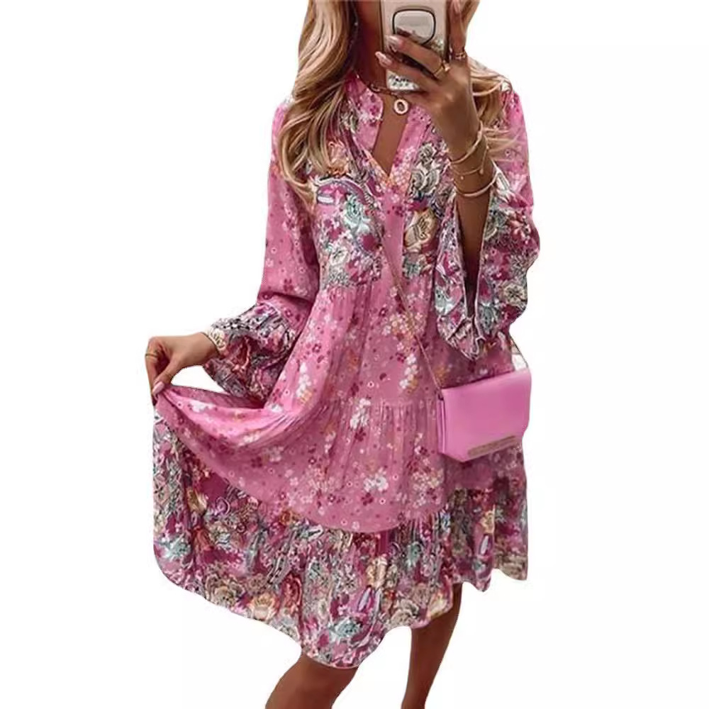 2023 Cross-Border Spring and Summer New Women's Printing Splicing Skirt Hot Selling Layered Mini Dress in Stock Real Shot