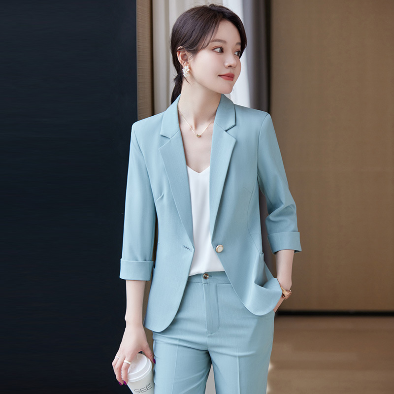 蓝色西装套装女中袖春夏2024新款小个子高端职业装气质小西服女士