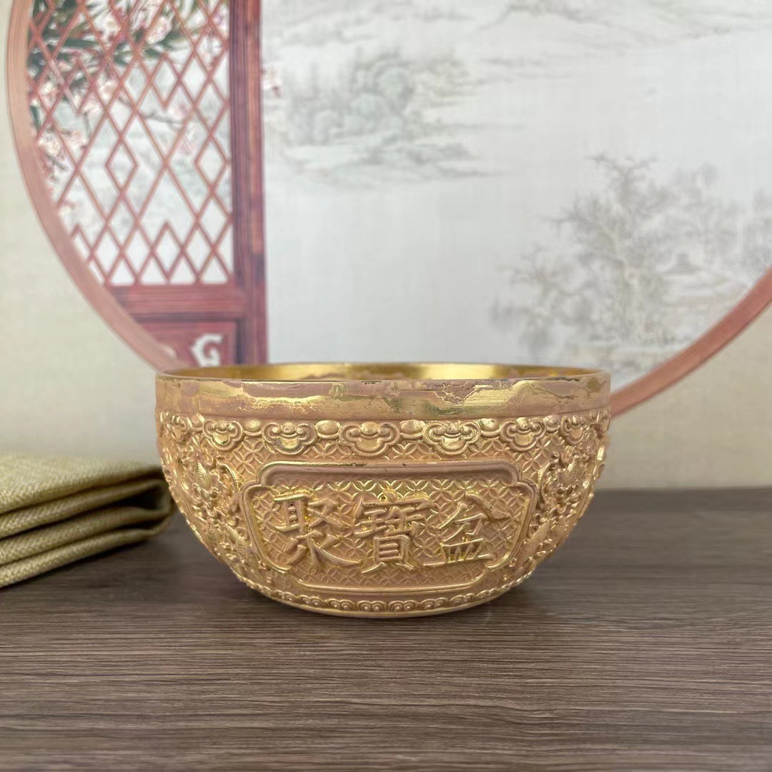 古玩杂项铜器仿古乾隆年制聚宝盆麒麟鎏金聚宝盆家居装饰品摆件