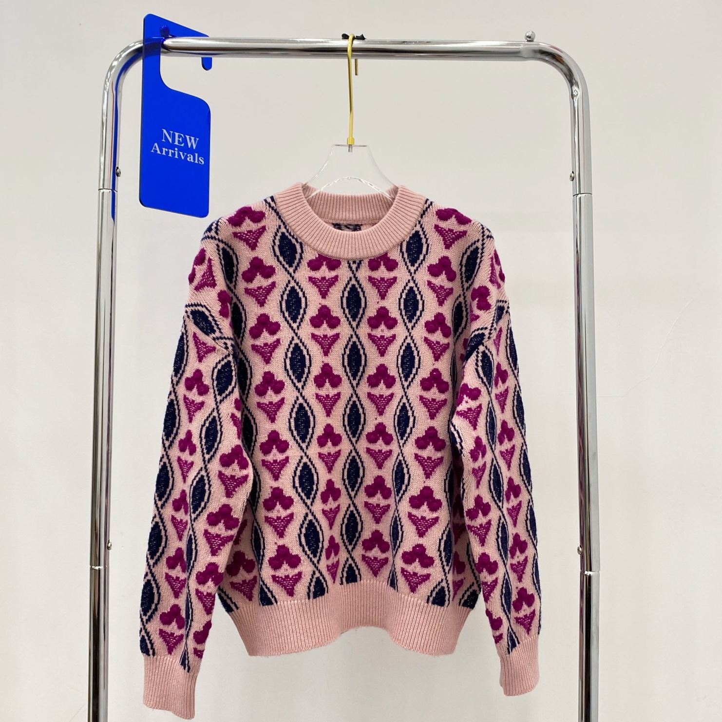 香~山羊绒毛衣~复古立体浮雕花纹提花2022秋冬套头圆领宽松针织衫