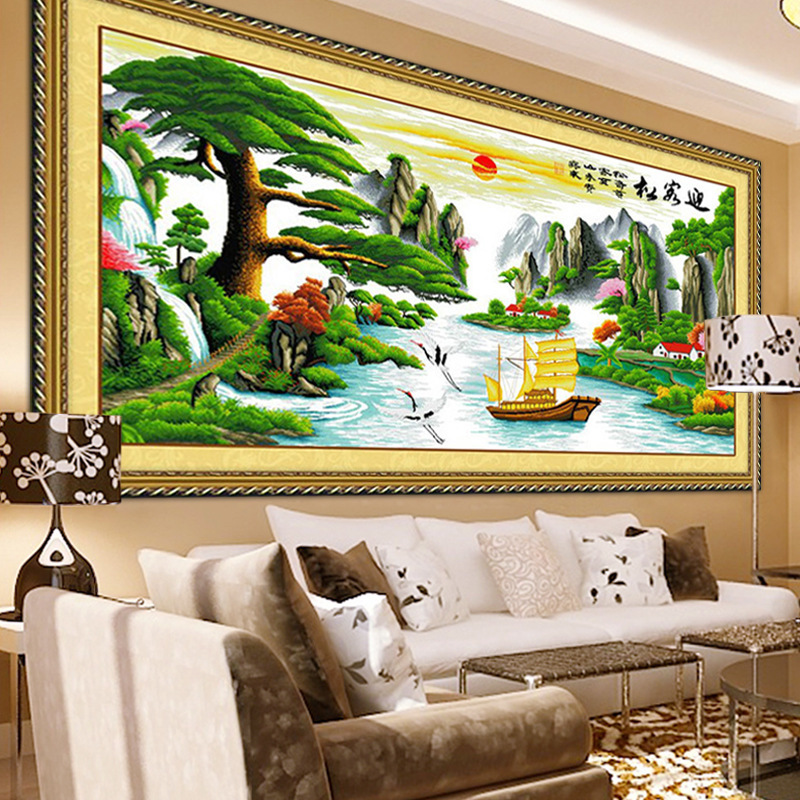 印花十字绣迎客松财运版新款客厅山水风景大幅装饰挂画线绣-阿里巴巴