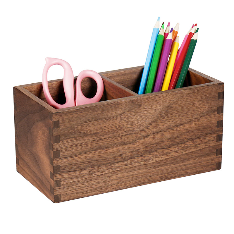 批发创意双槽实木笔筒 办公桌面学生课桌文具笔剪刀直尺收纳