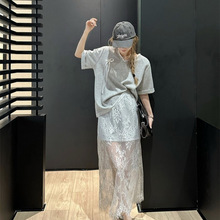 灰色蝴蝶结短袖上衣/灰色拼白色蕾丝套装裙