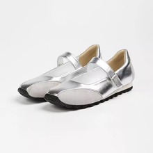 银色玛丽珍鞋女2024夏季新款魔术贴浅口芭蕾单鞋法式方头平底凉鞋