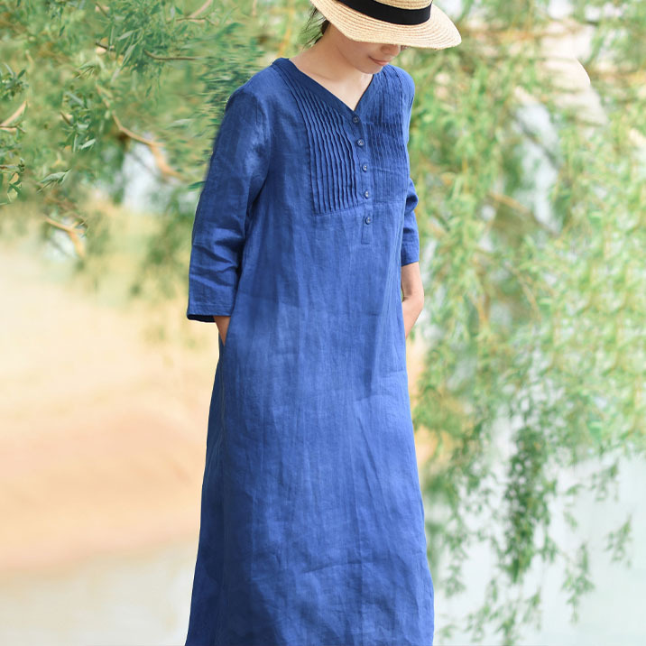 亚麻连衣裙棉麻宽松显瘦复古文艺休闲旅行新款春夏褶皱直筒长裙