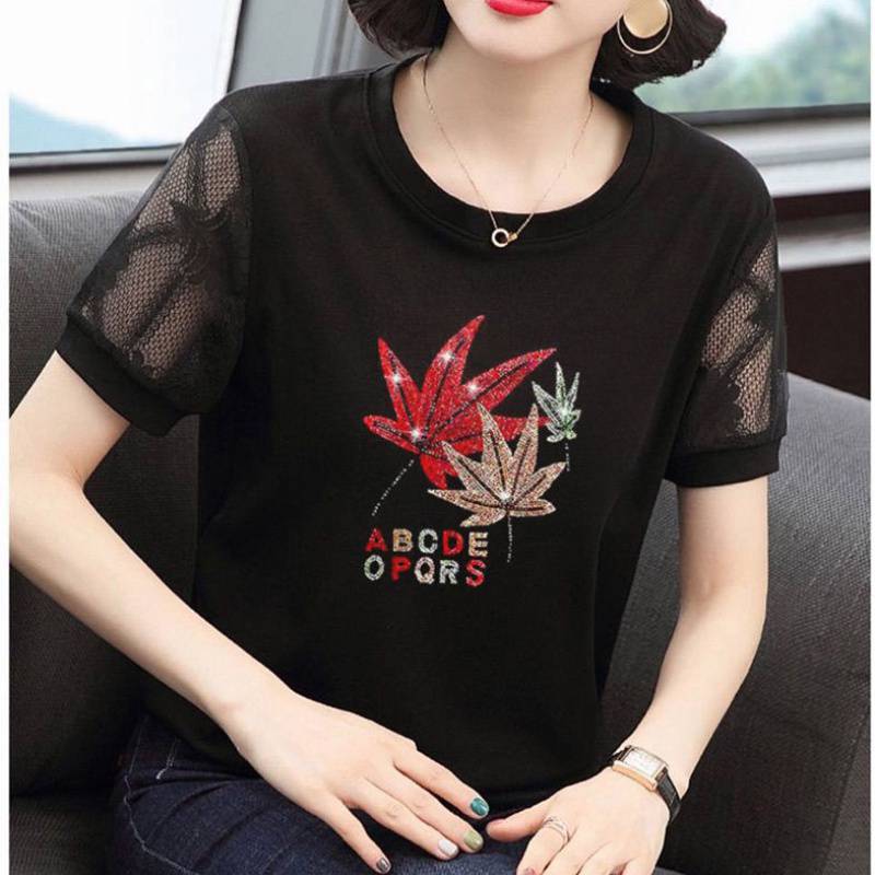 Short Sleeve Shirt Women's Western Style Small Shirt 2023 New Korean Mesh Half Sleeve Stitching Black T-shirt Mom Summer Clothes Fashion