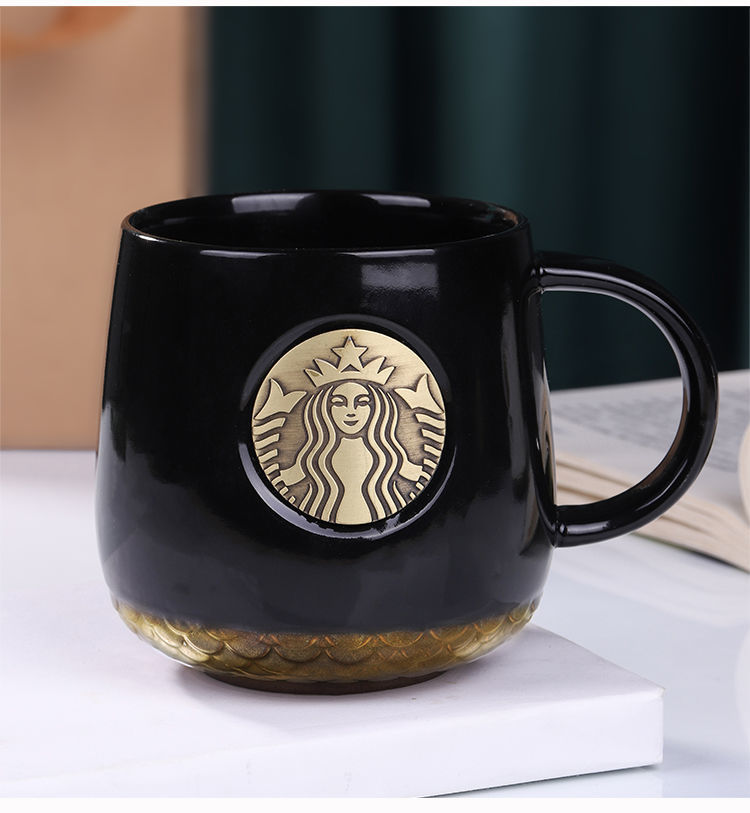 臻选铜牌陶瓷杯子复古马克杯黑白蓝色人鱼铜章情侣周年水杯