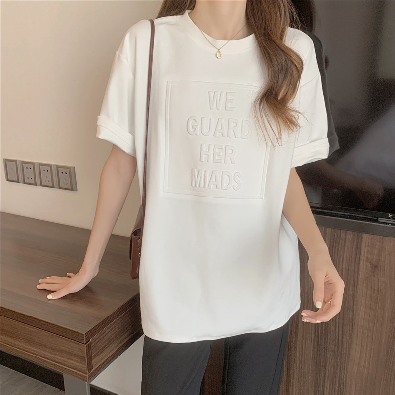 BF Style Mid-Length Short-Sleeved T-shirt for Women 2022 Spring and Summer New Loose Slimming Concave-Convex Letter Underwear Blouse Top Fashion
