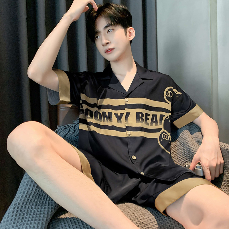 Ice Silk Short Sleeve Pajamas Men's Summer New Youth Thin Silk Boys Spring and Summer Days Can Be Outerwear Homewear