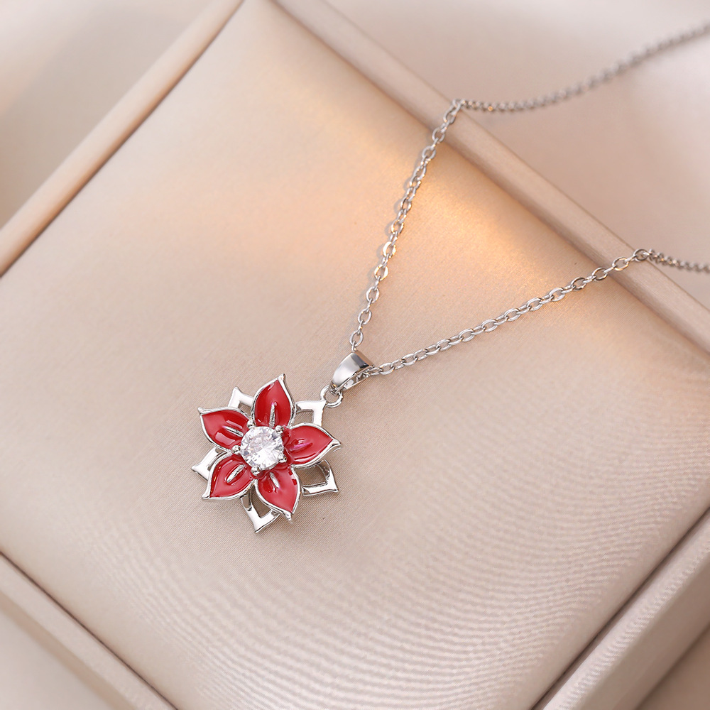 项链女 网红紫荆花锆石花朵小众轻奢新款设计感吊坠气质钛钢项链