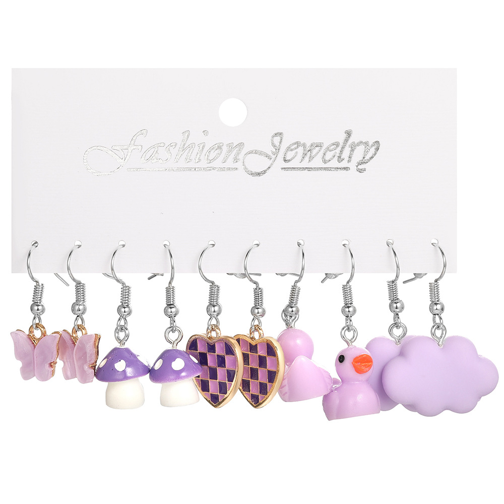 Cross-Border Eccentric Personality Pink Duck Butterfly Earrings Creative Acrylic Clouds Peach Heart Stud Earring Suit 5 Pairs