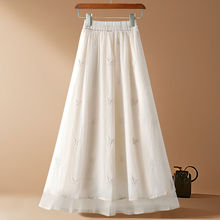 半身裙女夏秋季新款白色显瘦小个子松紧高腰中长款纯色a字网纱裙