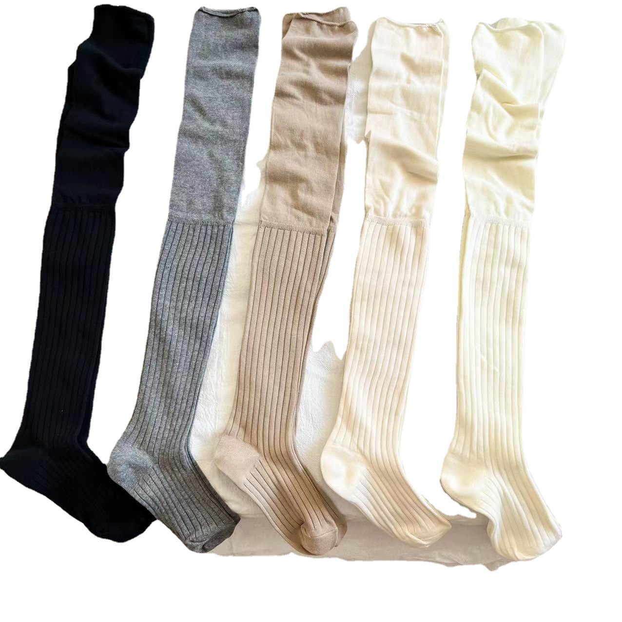 South Korea Dongdaemun Gentle Milky White Stockings Cotton Vertical Stripes Stitching Lazy Pile Style High Tube Knee Socks Women