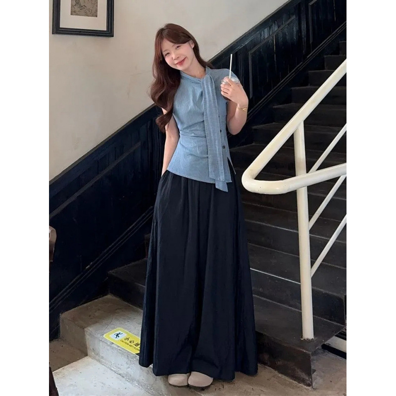 韩系穿搭一整套女装夏季蓝色条纹飘带斜门禁衬衫休闲阔腿裤两笙陇