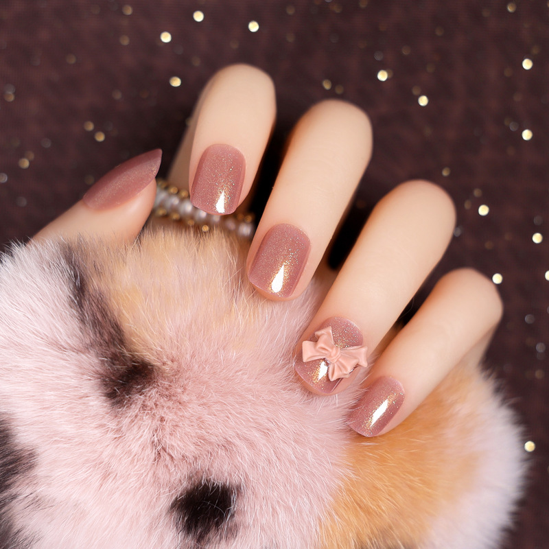 珠光粉日式蝴蝶结穿戴美甲短款假指甲贴片2021新款可拆卸甲片成品