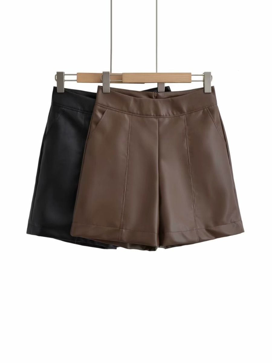 2023秋季新款纯色pu皮直筒高腰休闲机车短裤批发-阿里巴巴