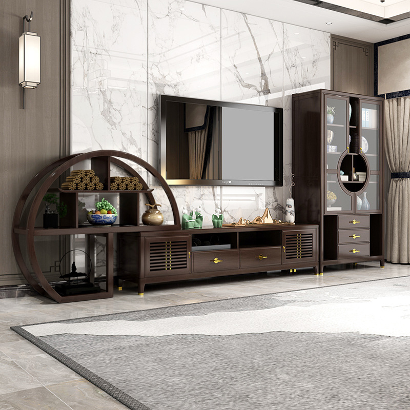 新中式电视柜组合地柜客厅乌金木家具禅意茶几储物柜边柜黑檀木色