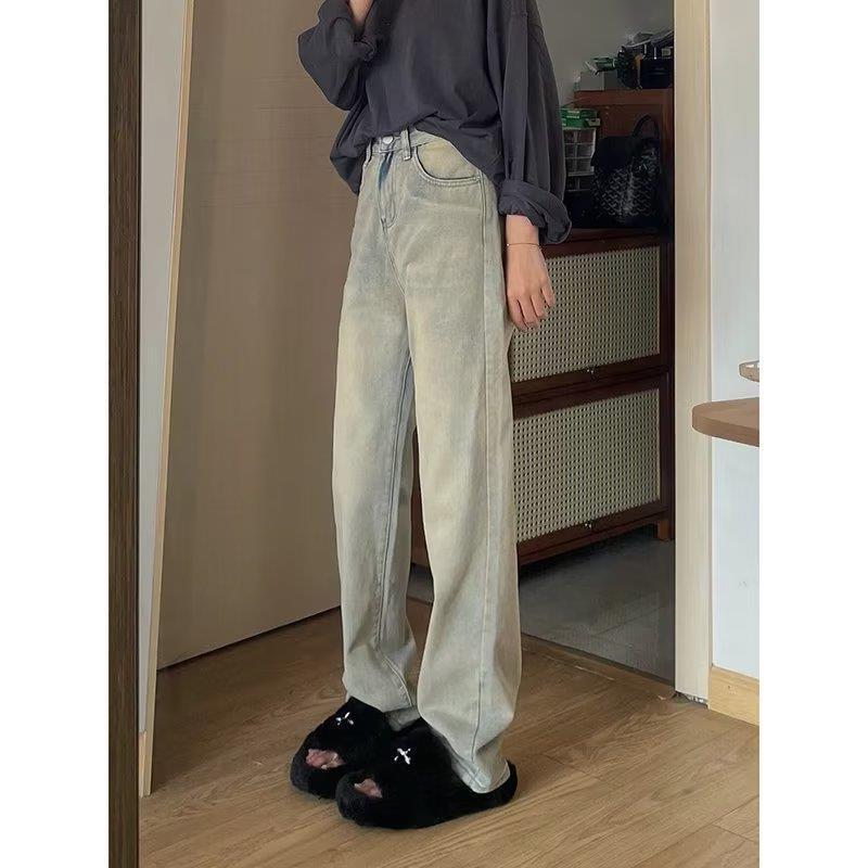 Spring and Autumn Washed Distressed American Retro Yellow Mud Dyed Straight Jeans for Women High Waist Loose Wide Legs Mop Pants