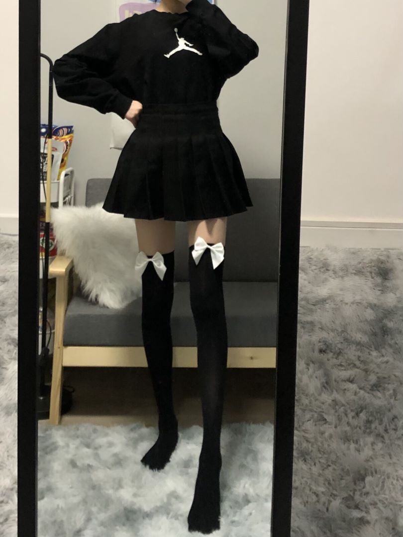 日系蝴蝶结过膝袜袜子jk天鹅绒性感高筒袜子长筒袜黑白中厚学院风