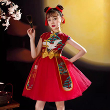 国潮女童旗袍夏季中国风红色洋气儿童礼服高端古风唐装走秀小女孩