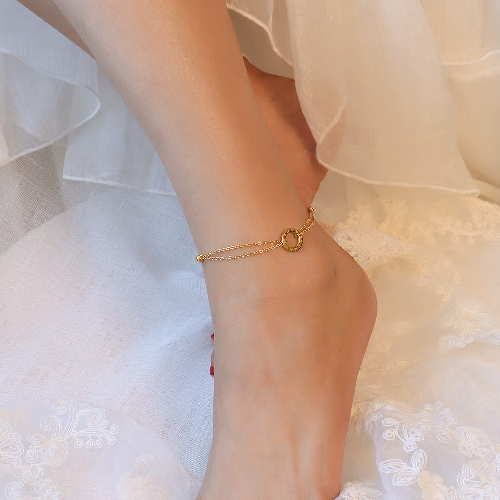 欧美ins饰品leg chain罗马数字双层脚链钛钢18k金沙滩脚饰 s051