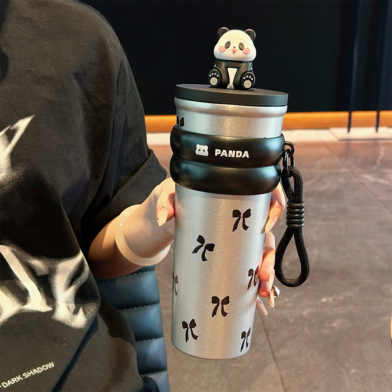 cute doll thermos cup 2024 new female good-looking large capacity straw cup portable rope holding cartoon drinking cup