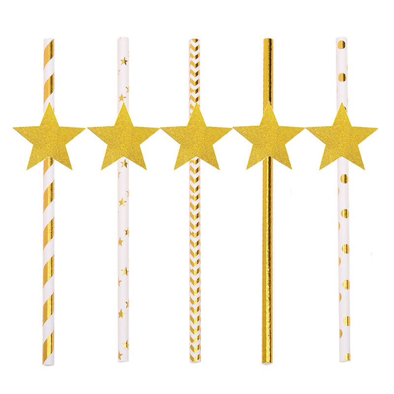cross-border in stock supply paper decorative straw degradable disposable golden five-pointed star pattern tableware paper sucker
