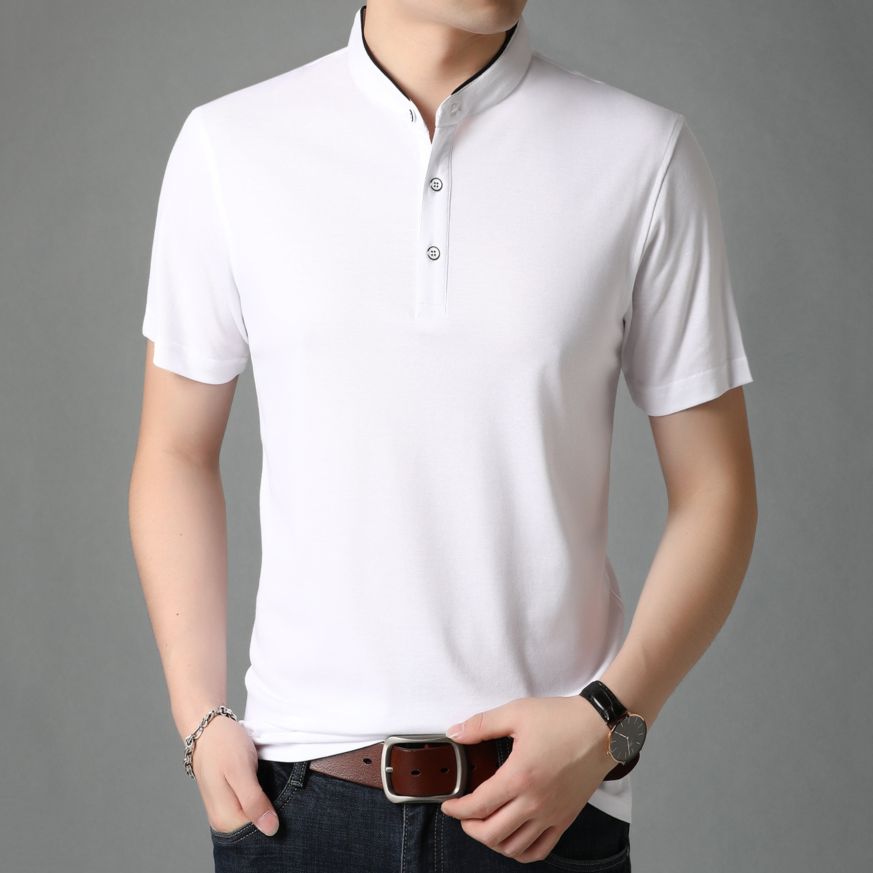 男士夏装上衣立领体恤衫潮流薄款t恤男短袖宽松衣服休闲服装代发