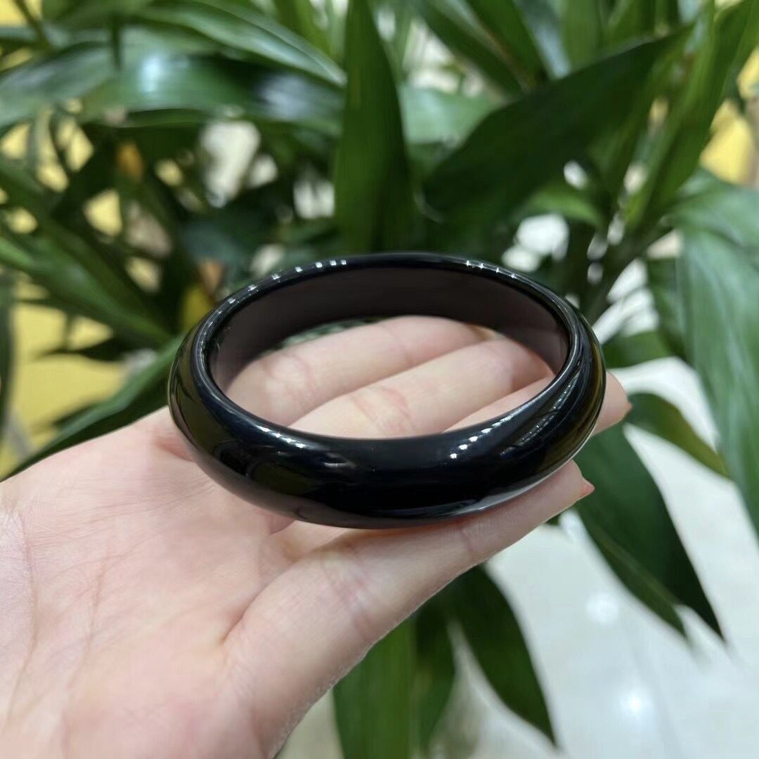 批发 巴西黑玉髓中宽手镯 黑曜石黑玛瑙玉石女款玉镯手环礼品