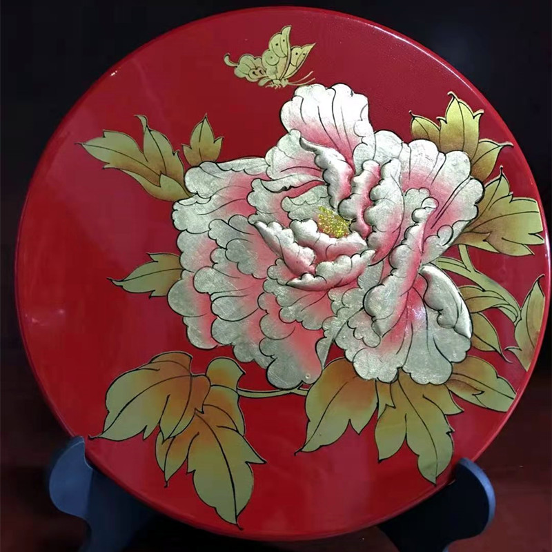 手工彩绘漆器工艺品摆件木质描金彩绘漆画圆盘山西风光装饰品定制