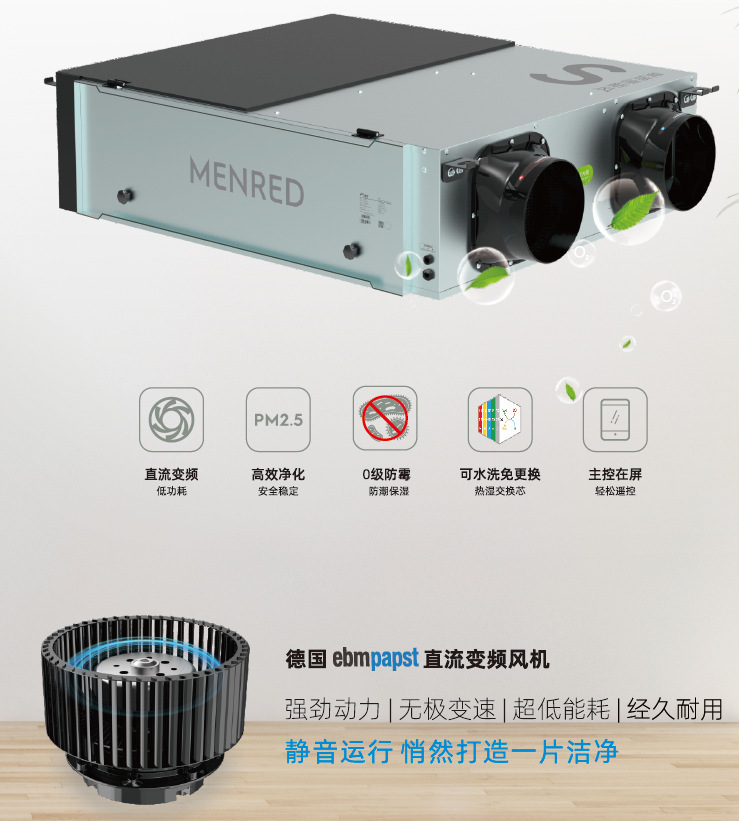 德国曼瑞德/中央新风系统净化全热交换新风机直流变频无极调速s5