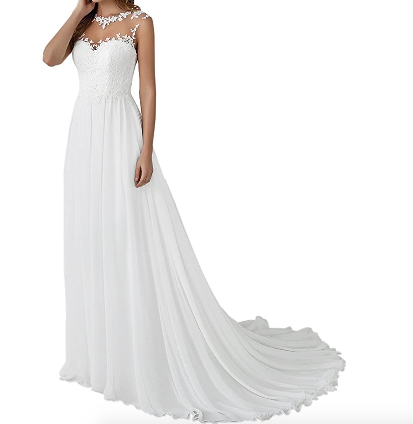 欧美拖尾婚纱晚礼服2022新款亚马逊深v领连衣裙雪纺蕾丝婚纱礼服