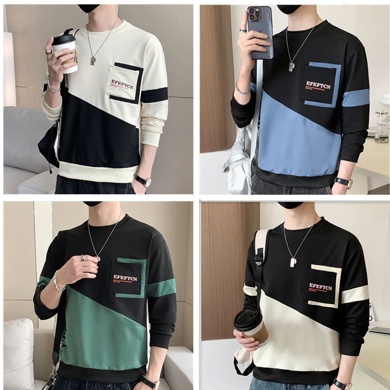 Sweater Men's 2023 Spring and Autumn New Fake Two Pieces Long-T-Shirt Men's Loose Casual National Fashion round Neck Bottoming Shirt