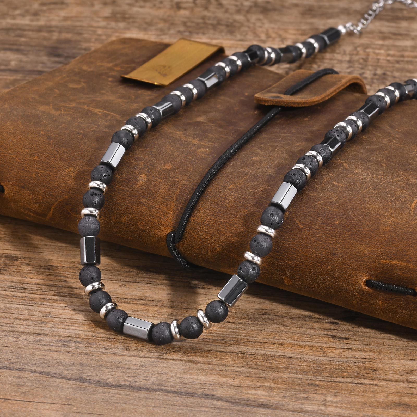 男士饰品不锈钢天然火山石黑胆石串珠项链钢色nc-1701s-阿里巴巴